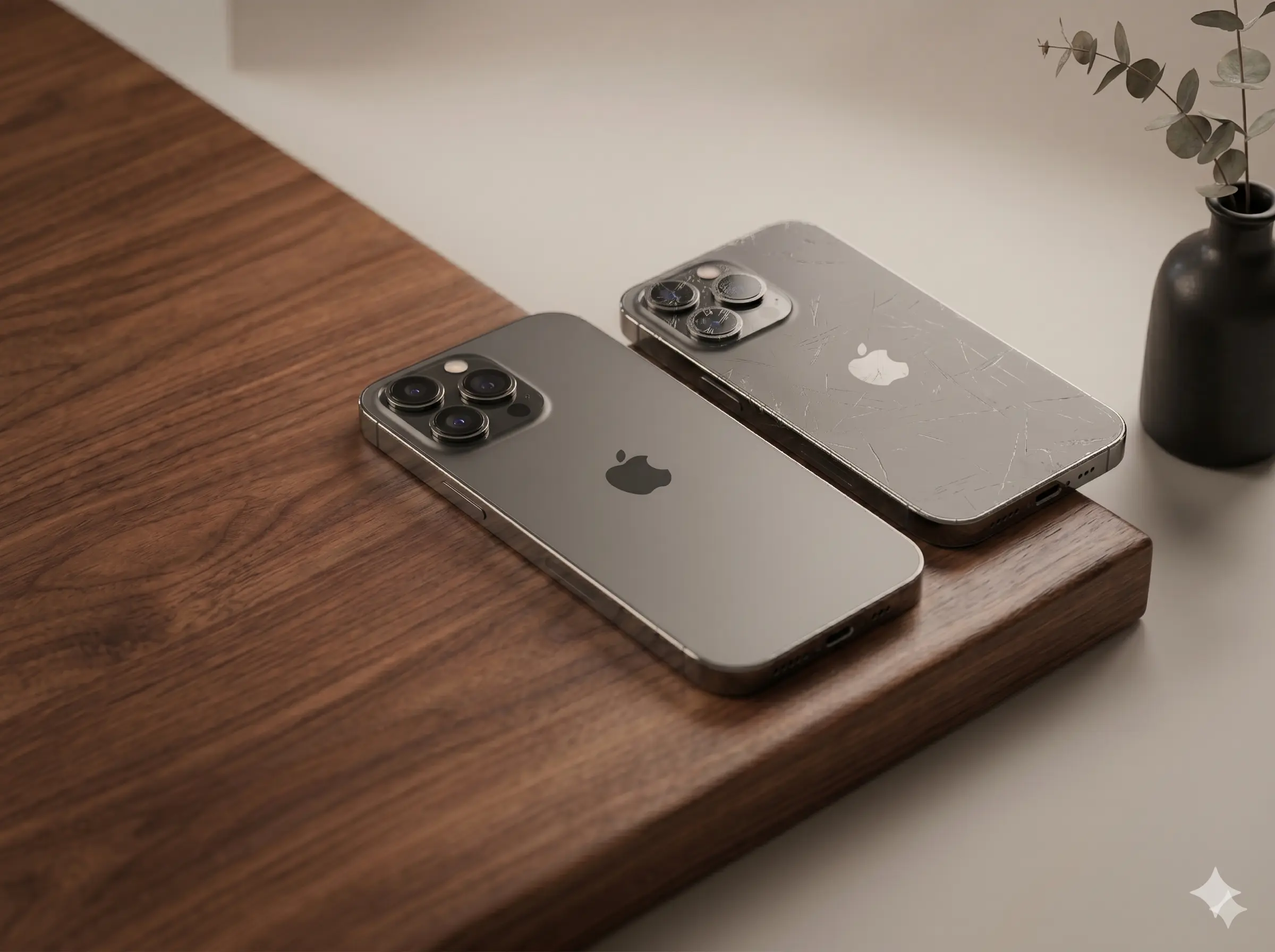 Dos iPhone reacondicionados sobre una mesa de madera